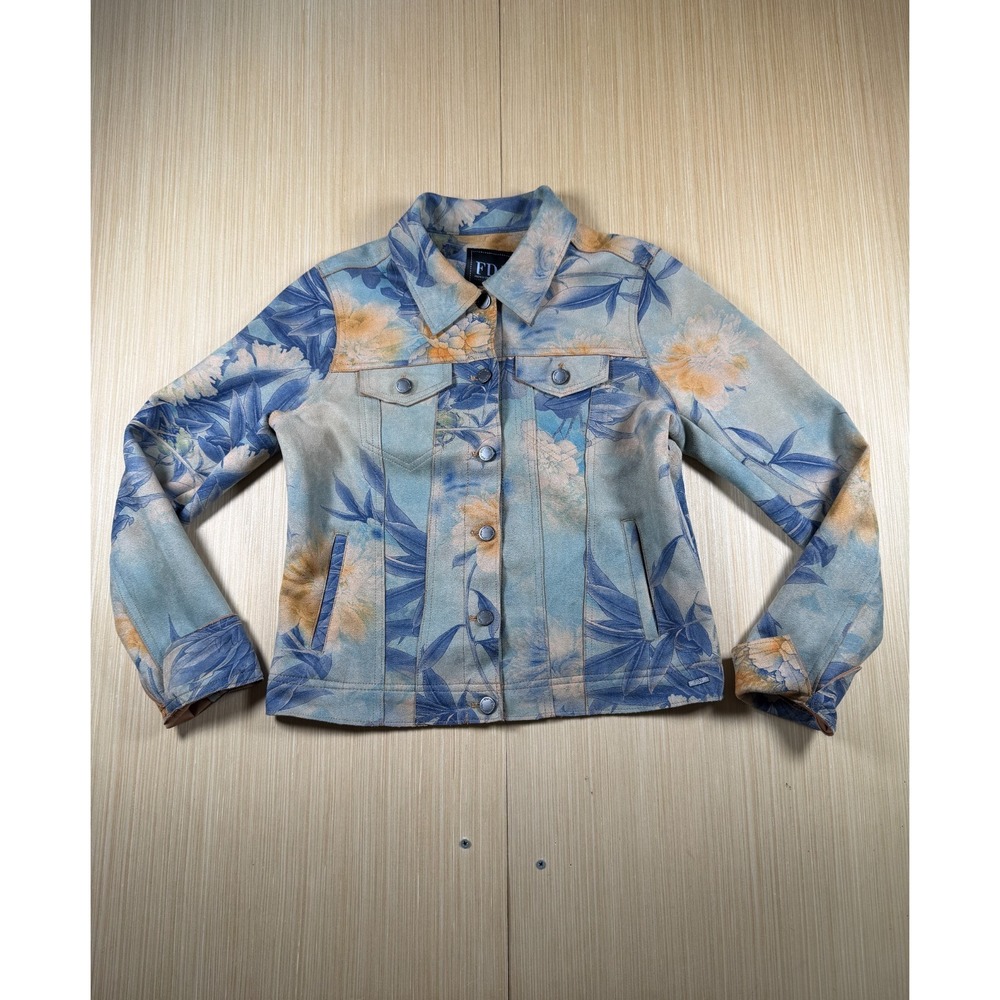 FDJ French Dressing Jeans Trucker Jacket‎ Womens XS Blue Floral Suede Stretch